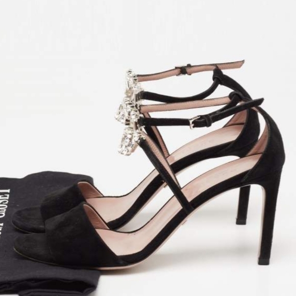 Cucci Black Suede Crystal Embellished GG Interlock Ankle Strap Sandals - Picture 2 of 3